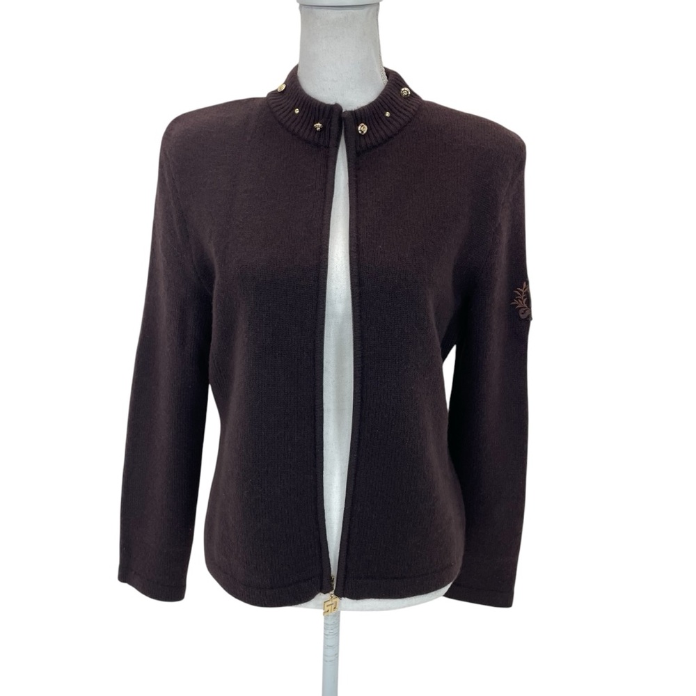 St. John Cashmere Fur Trimmed Sweater Small Brown - Picture 3 of 16